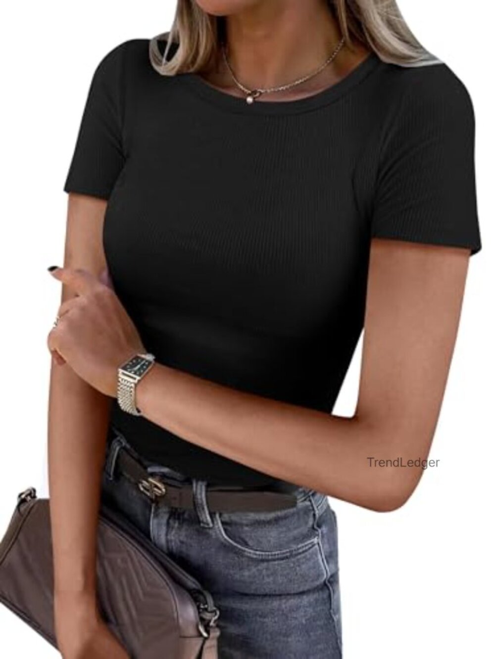 ANRABESS Women's Ribbed Short Sleeve Crewneck Slim Fit Basic Tee Top
